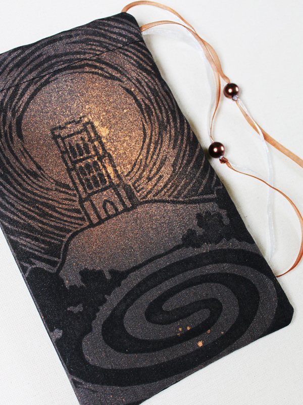 Glastonbury Tor Pouch, Mystical Avalon Tower on Hill with Glastonbury Spiral White Spring - Grey with Copper Spray - Hand Printed with Hand Carved Lino Stamp