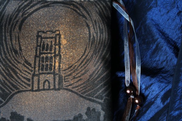 Glastonbury Tor Pouch, Mystical Avalon Tower on Hill with Glastonbury Spiral White Spring - Grey with Copper Spray Detail - Hand Printed with Hand Carved Lino Stamp