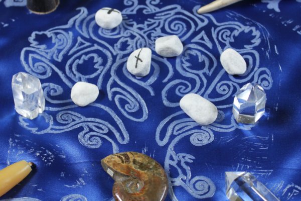 Yggdrasil Altar Cloth featuring Swirly Ash Tree with Ratatoskr, Veðrfölnir and Níðhöggr Nidhogg - Blue Satin Cloth Yggdrasil Detail - Hand Printed with Hand Carved Lino Stamp