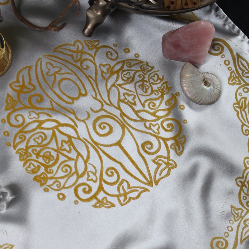 Spiral Goddess Altar Cloth Wiccan Mother Goddess with Triple Moon and Ivy Motif - Silver Coloured Satin Cloth with Yellow Print - Hand Printed with Hand Carved Lino Stamp