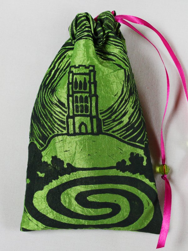 Glastonbury Tor Pouch, Mystical Avalon Tower on Hill with Glastonbury Spiral White Spring - Bright Green Taffeta Pouch with Hot Pink Details - Hand Printed with Hand Carved Lino Stamp