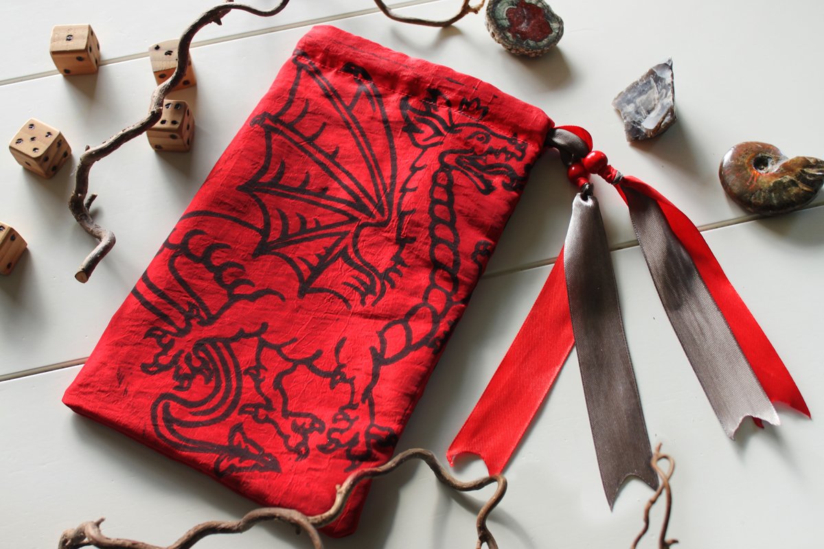 Heraldic Dragon Pouch Traditional Styled Four Legged Winged Dragon with Crown - Red Taffeta Pouch with Grey Details - Hand Printed with Hand Carved Lino Stamp