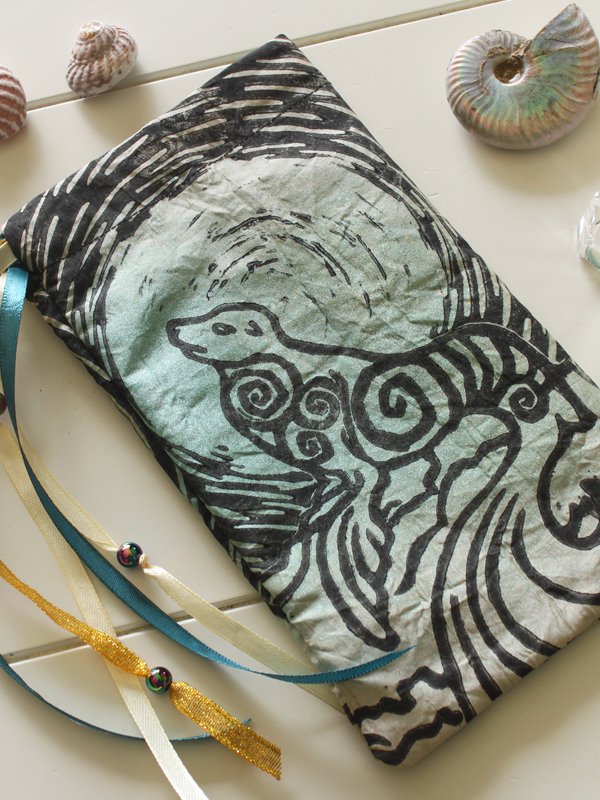 Selkie Pouch Scottish Irish Welsh Mythology Folklore Sea Creature - Cream Coloured Taffeta Pouch with Mint Spray and Gold and Teal Detailing - Hand Printed with Hand Carved Lino Stamp