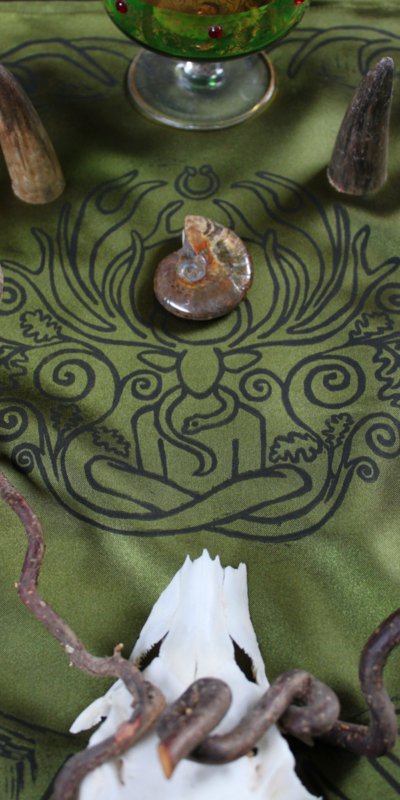 Cernunnos Altar Cloth Herne the Horned God Ancient Forest Fertillity Deity with Stag Antlers Celtic Torc Necklace, Snake and Oak Leaves - Green Satin Cloth with Horn, Bone, Twig, Glass and Ammonite Attributes - Hand Printed with Hand Carved Lino Stamp