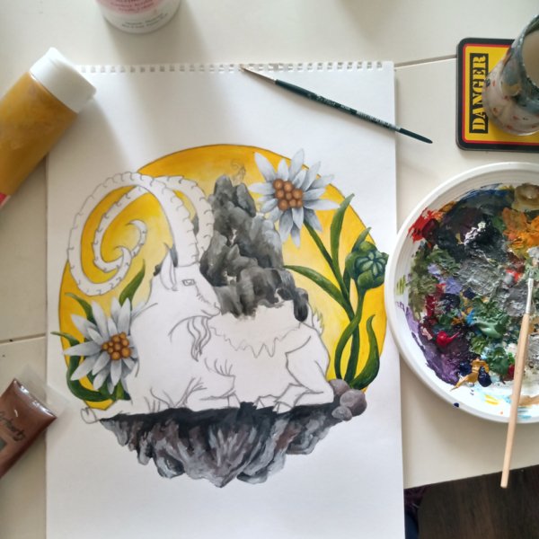 Mounatain Goat Elder featuring Capricorn Goat, Mountain Range and Edelweiss - Art Illustration Work in Progress WIP - Hand Painted in Acrylic by Imogen Smid