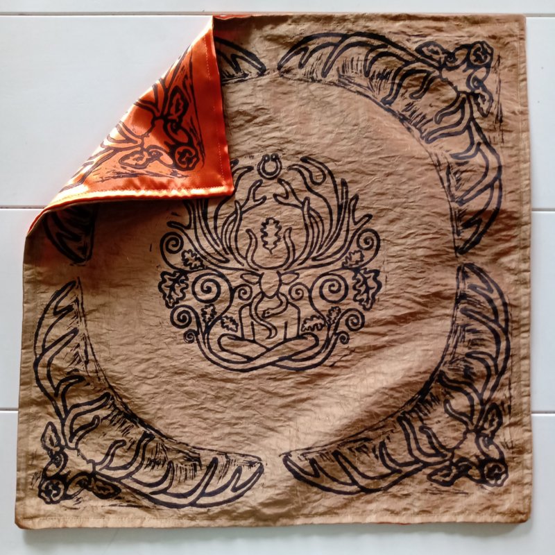 Cernunnos Altar Cloth Herne the Horned God Ancient Forest Fertillity Deity with Stag Antlers Celtic Torc Necklace, Snake and Oak Leaves - Gold and Orange Custom Cloth - Hand Printed with Hand Carved Lino Stamp