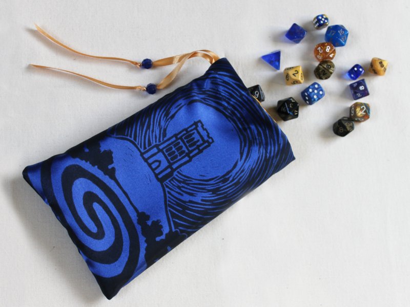 Glastonbury Tor Pouch, Mystical Avalon Tower on Hill with Glastonbury Spiral White Spring - Dark Blue Satin Dice Bag with Gold Details - Hand Printed with Hand Carved Lino Stamp