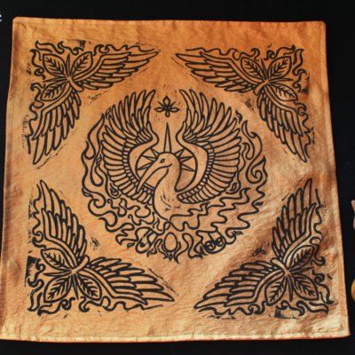Phoenix Altar Cloth Benu Ibis Phoenix with Myrrh, Cinnamon and a Sun Beam Halo in reference to Greek Titan Helios - Gold Coloured Taffeta Full Cloth - Hand Printed with Hand Carved Lino Stamp