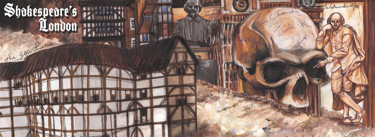 Shakespeare's London: A Travel Tour Leaflet of Shakespeare related locations in London featuring Westminster Abbey, Southwark Cathedral, The Globe Theatre and Others - Cover Illustration - Acrylic Paint and Pencil Drawing by Imogen Smid