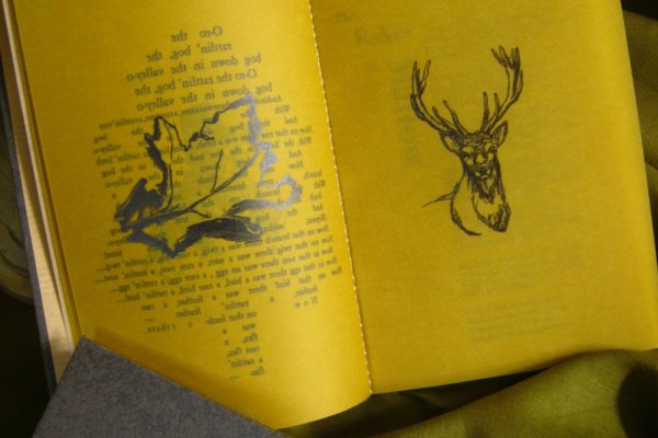 Sláinte - A Hand Printed and Hand Bound Book of Traditional British Folk Songs created using Metal Moveable Type and Stereotype Plates/Cliché Plates - Stag and Lead Leaf Illustrations - Bookmaking by Imogen Smid and Anouk Essers