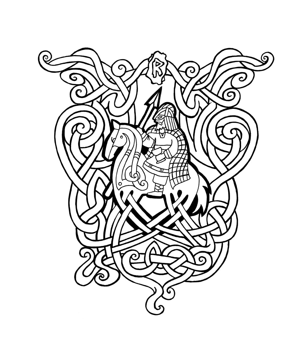Odin and Sleipnir Tattoo Design with Valknut and Knotwork Motif - Basic Line Drawing - Fineliner Pen Drawing by Imogen Smid