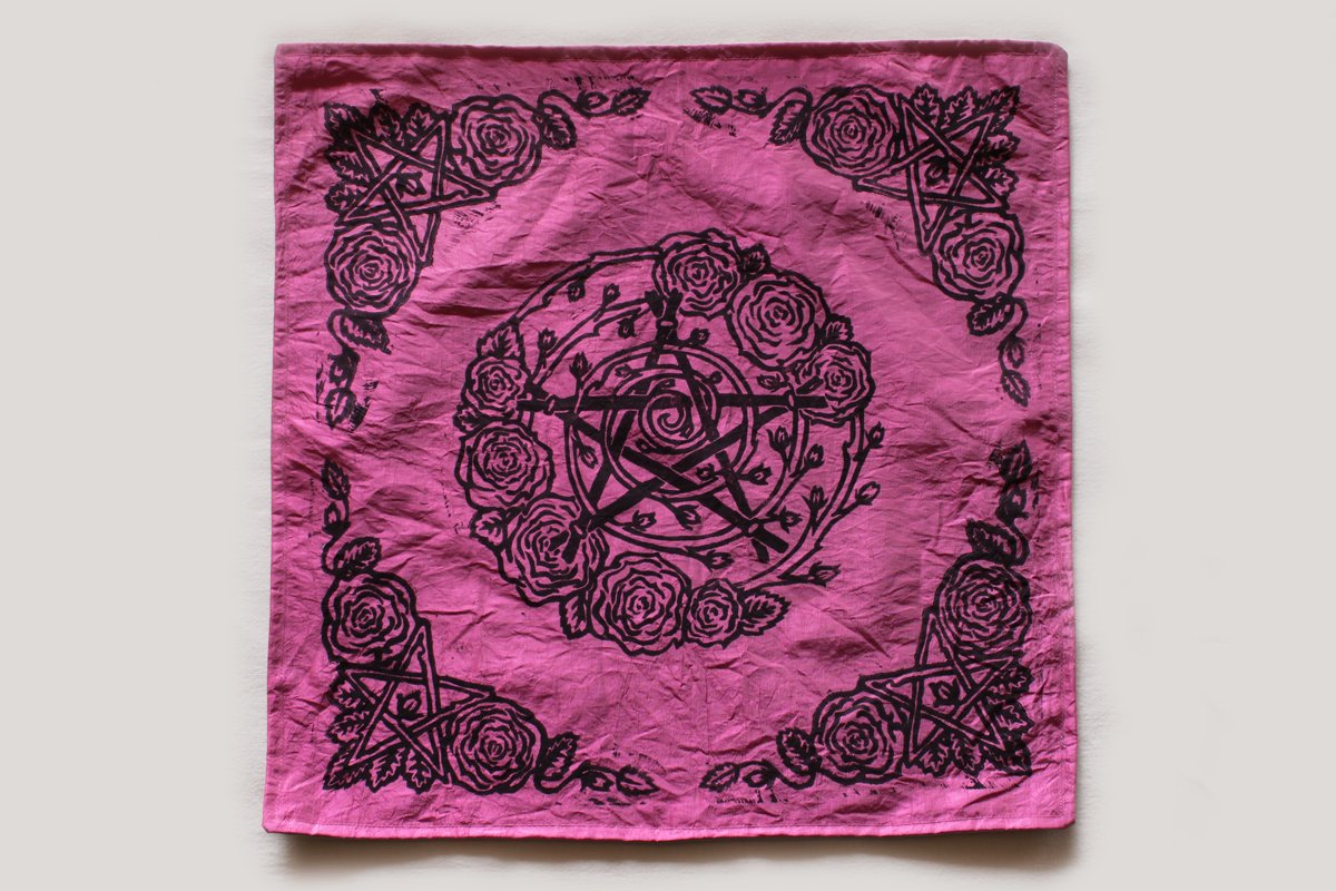 Pentagram and Roses Altar Cloth with Rosebud Spiral inspired by Greek Goddess Aphrodite - Pink Taffeta Full Cloth - Hand Printed with Hand Carved Lino Stamp