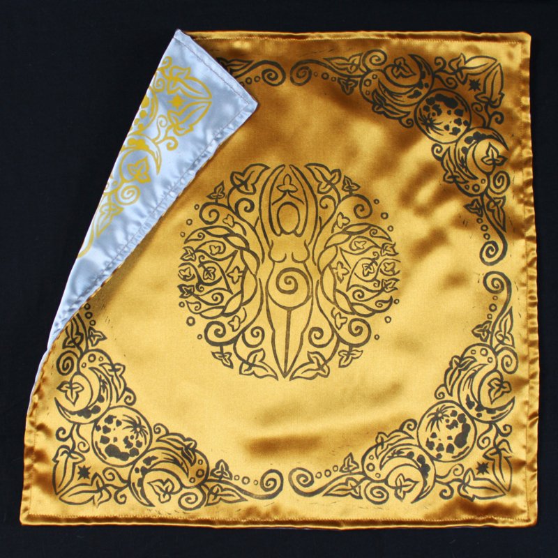 Spiral Goddess Altar Cloth Wiccan Mother Goddess with Triple Moon and Ivy Motif - Gold Coloured Satin Cloth Showing Silver Coloured Satin Reverse Side - Hand Printed with Hand Carved Lino Stamp
