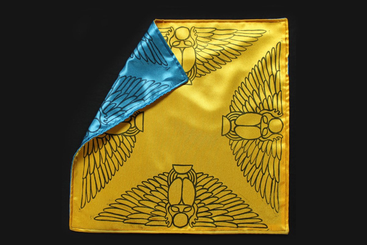 Scarab Altar Cloth Winged Scarab God Khepri with Sun Disc - Yellow Satin Altar Cloth showing Turquoise Satin Reversible Side - Hand Printed with Hand Carved Lino Stamp