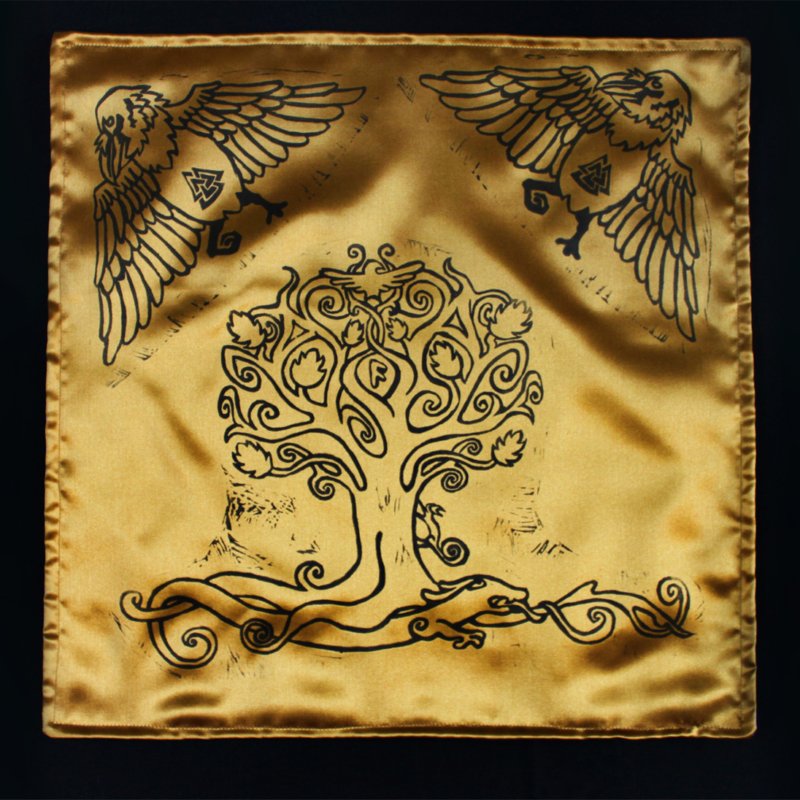 Yggdrasil Altar Cloth featuring Swirly Ash Tree with Ratatoskr, Veðrfölnir and Níðhöggr Nidhogg - Gold Coloured Satin Full Cloth - Hand Printed with Hand Carved Lino Stamp