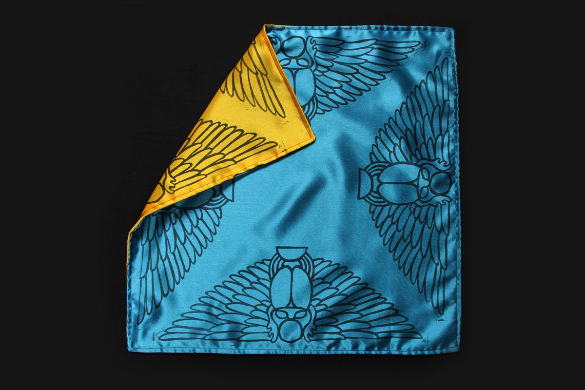 Scarab Altar Cloth Winged Scarab God Khepri with Sun Disc - Turquoise Satin Altar Cloth Showing Reversible Yellow Satin Side - Hand Printed with Hand Carved Lino Stamp