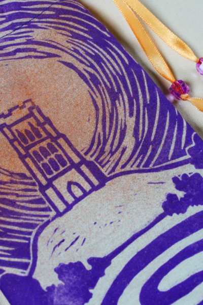 Glastonbury Tor Pouch, Mystical Avalon Tower on Hill with Glastonbury Spiral White Spring - Unbleached Cotton Pouch with Copper Spray and Purple Printing - Hand Printed with Hand Carved Lino Stamp