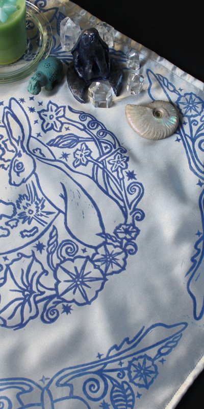 Moongazing Hare Altar Cloth with Full Moon, Moon Moth or Lunar Moth, Stars and Moon Flowers - Silver Satin Cloth with Altar Items - Hand Printed with Hand Carved Lino Stamp