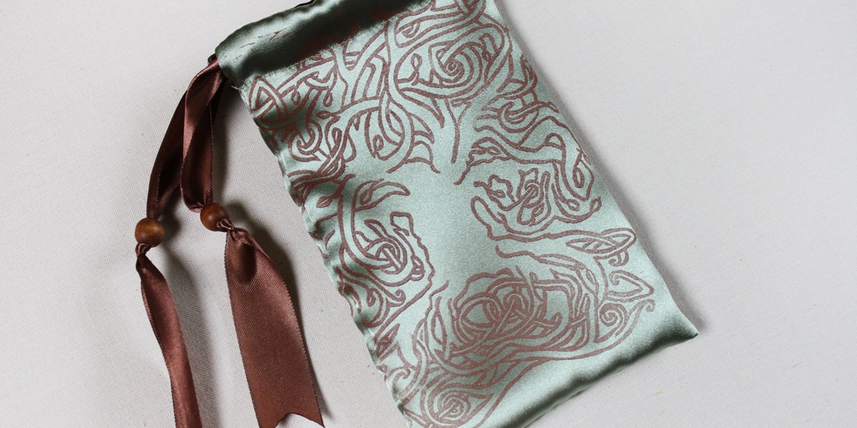 Celtic Tree Pouch Celtic Knotwork Motif Tree with Leaves - Antique Green Satin Pouch with Brown Print and Ribbon - Hand Printed with Hand Carved Lino Stamp