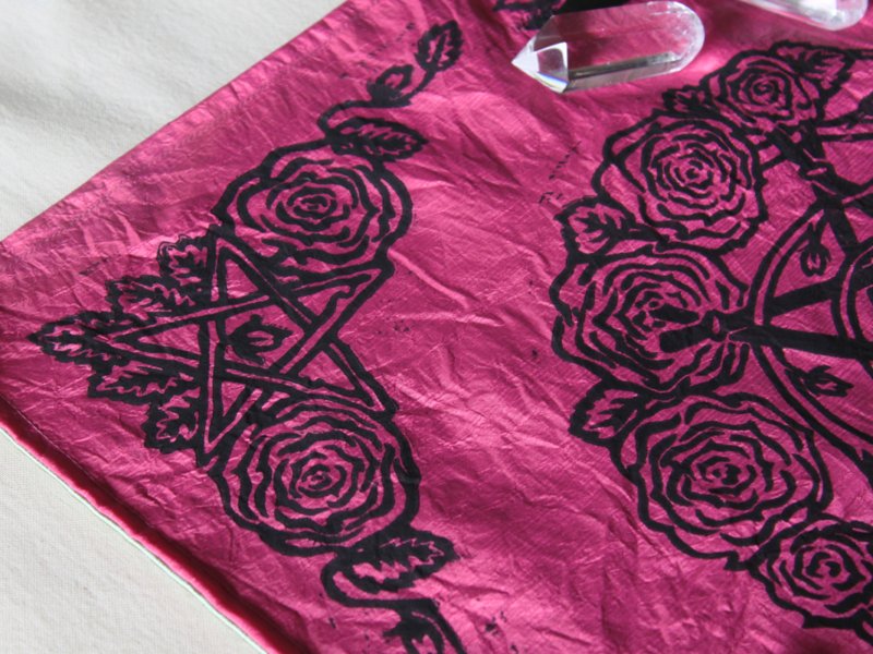 Pentagram and Roses Altar Cloth with Rosebud Spiral inspired by Greek Goddess Aphrodite - Pink Taffeta Cloth Pentagram and Roses Corner Piece - Hand Printed with Hand Carved Lino Stamp