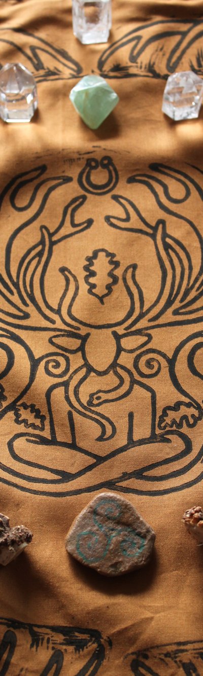 Cernunnos Altar Cloth Herne the Horned God Ancient Forest Fertillity Deity with Stag Antlers Celtic Torc Necklace, Snake and Oak Leaves - Gallery Tile - Hand Printed with Hand Carved Lino Stamp