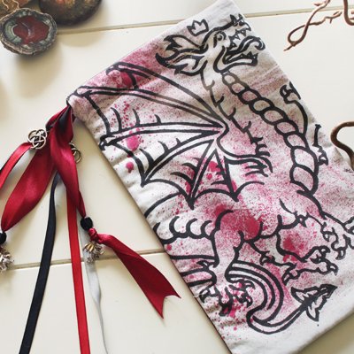 Heraldic Dragon Pouch Traditional Styled Four Legged Winged Dragon with Crown - Gallery Tile - Hand Printed with Hand Carved Lino Stamp