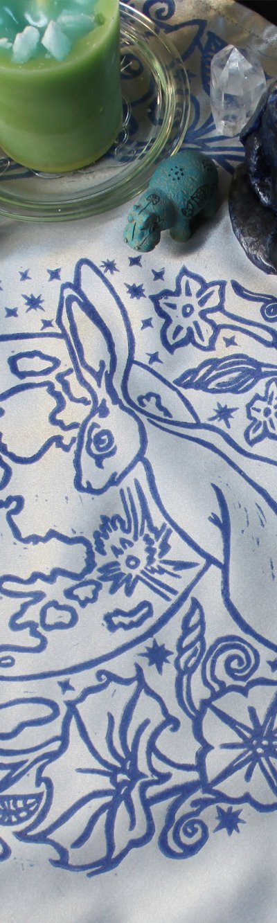 Moongazing Hare Altar Cloth with Full Moon, Moon Moth or Lunar Moth, Stars and Moon Flowers - Gallery Tile - Hand Printed with Hand Carved Lino Stamp