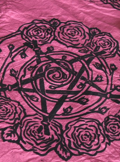Pentagram and Roses Altar Cloth with Rosebud Spiral inspired by Greek Goddess Aphrodite - Gallery Tile - Hand Printed with Hand Carved Lino Stamp