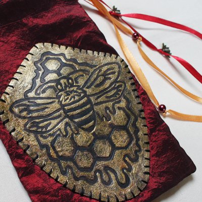 Royal Bee Pouch with Gold Painted Leather Patch Honey Bee with Honeycomb and dripping with Honey - Gallery Tile - Hand Printed with Hand Carved Lino Stamp