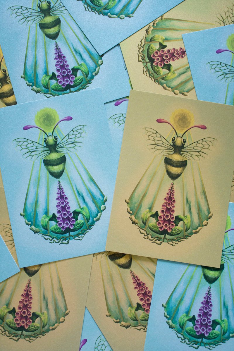Sacro Nectare featuring Honey Bee, Sun Disc, Sean Beams and Digitalis Plant (Foxglove) to be used as Roleplay Druid Sigil - Silver and Gold Postcards - Digital Painting by Imogen Smid