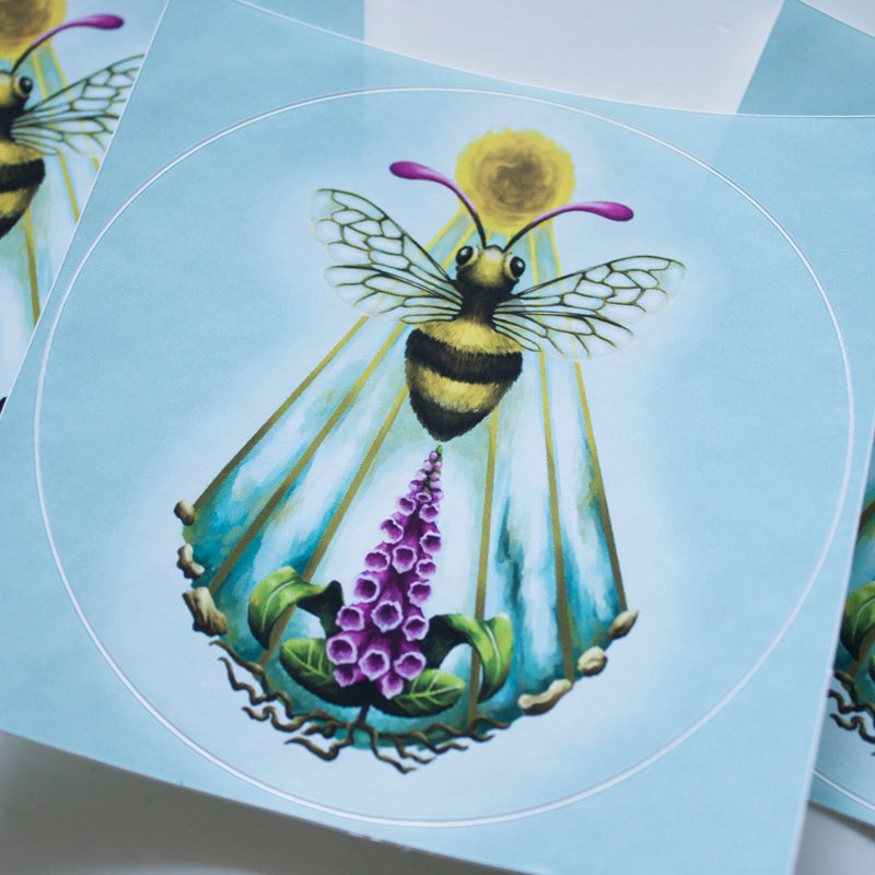 Sacro Nectare featuring Honey Bee, Sun Disc, Sean Beams and Digitalis Plant (Foxglove) to be used as Roleplay Druid Sigil - Round Stickers - Digital Painting by Imogen Smid