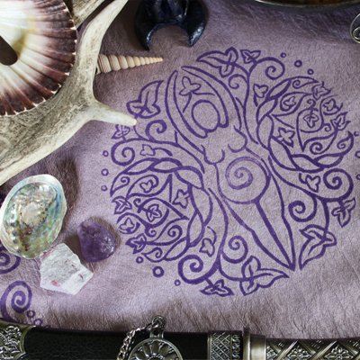 Spiral Goddess Altar Cloth Wiccan Mother Goddess with Triple Moon and Ivy Motif - Gallery Tile - Hand Printed with Hand Carved Lino Stamp