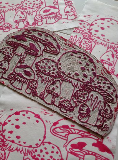 Toadstool Pouch and Lino Cutting Fly Agaric Mushrooms Traditional Printing Technique - Gallery Tile - Hand Printed with Hand Carved Lino Stamp