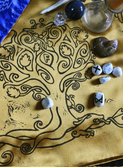 Yggdrasil Altar Cloth featuring Swirly Ash Tree with Ratatoskr, Veðrfölnir and Níðhöggr Nidhogg - Gallery Tile - Hand Printed with Hand Carved Lino Stamp